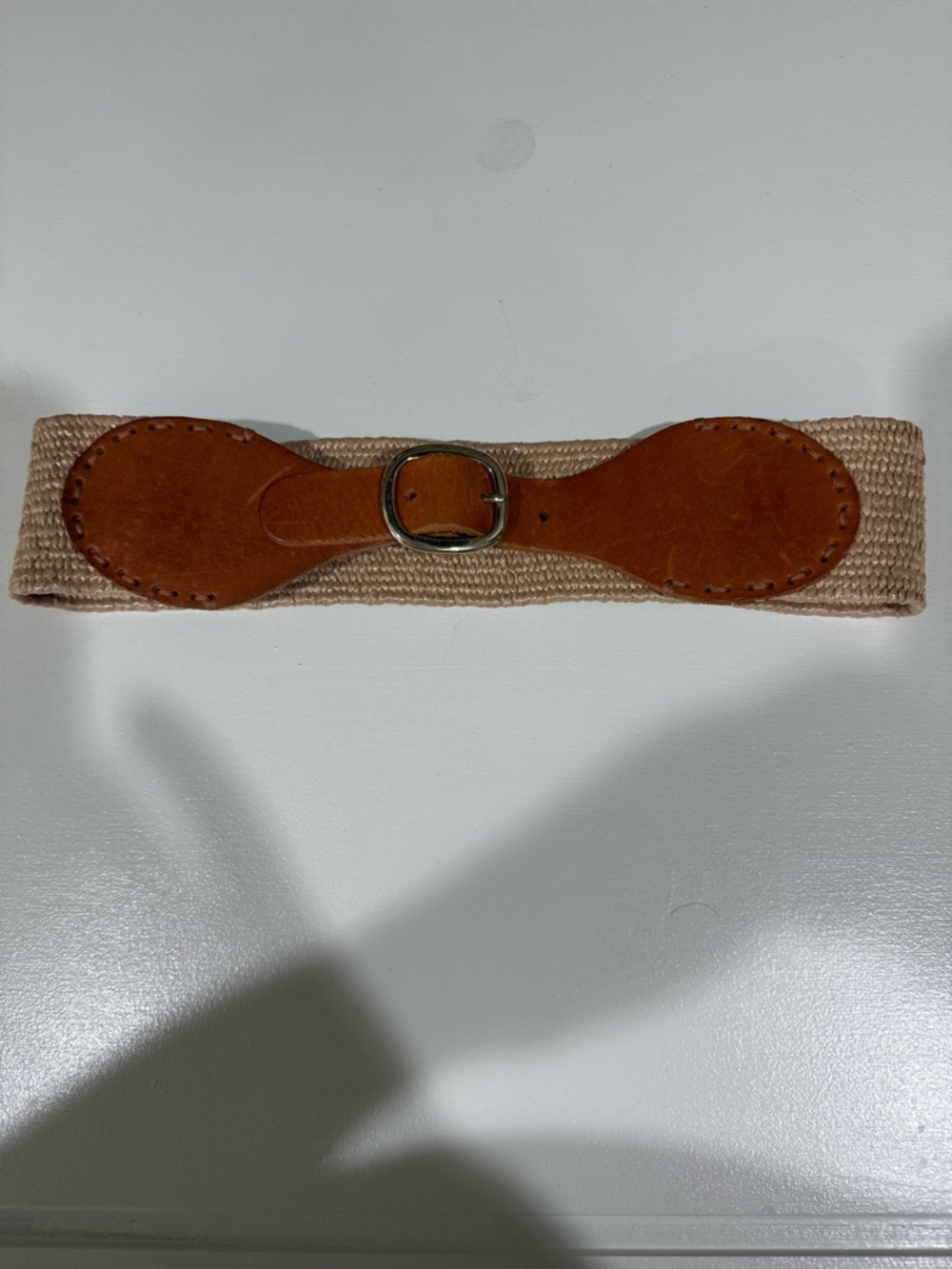 Woven Elastic Waist Belt with Tan Leather Accents Sz S
